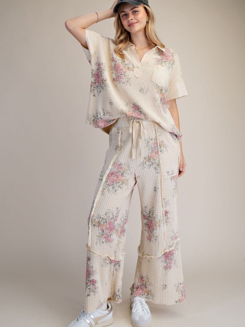 EASEL FLORAL PRINT WASHED WAFFLE PANTS 60%COTTON 40%POLYESTER